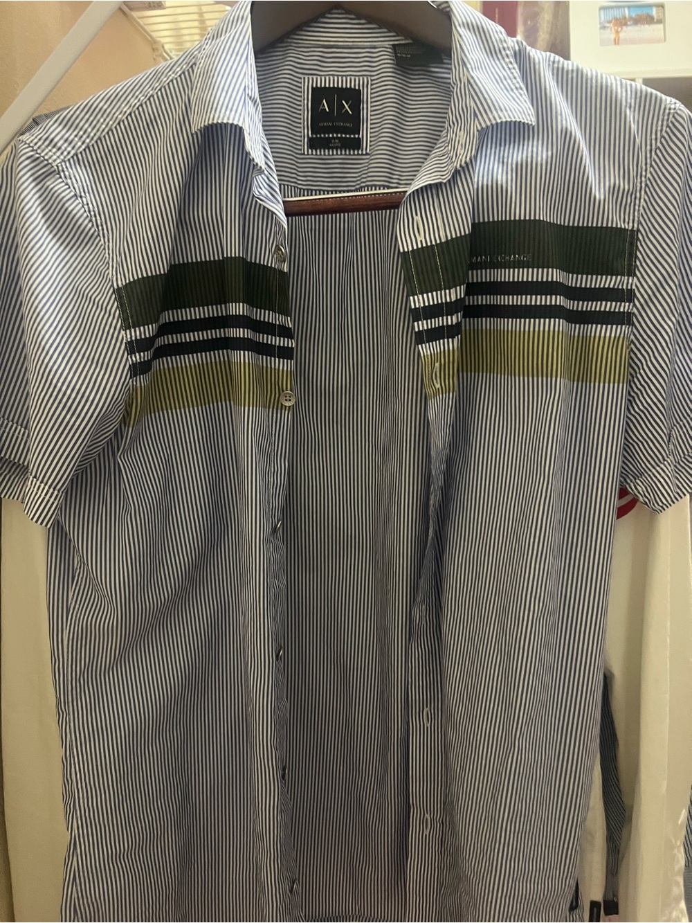 A/X Armani Exchange Men’s Blue Striped Short-Sleeve Shirt with Green Accents
